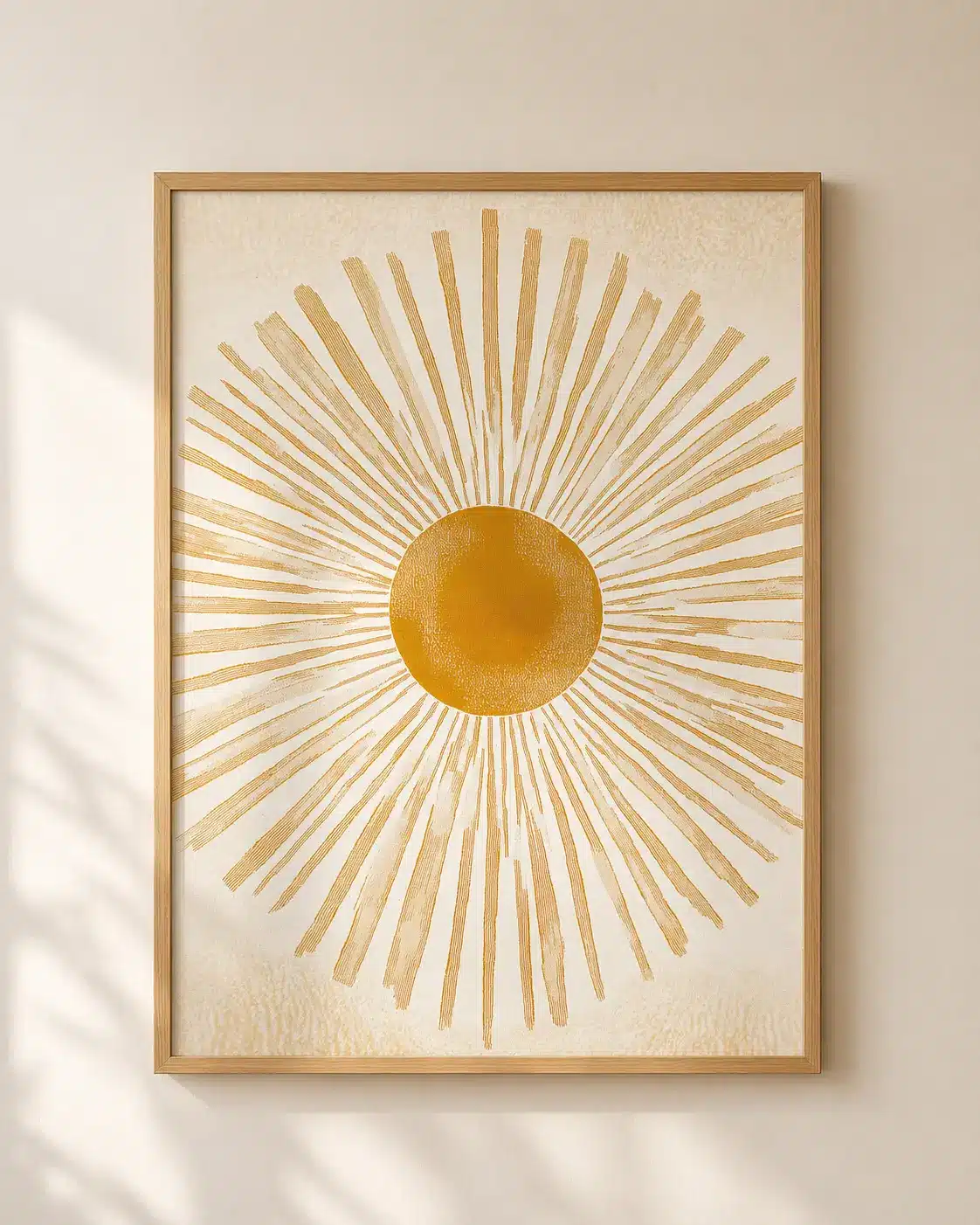 Minimalistisk kunstplakat med gylden sol og stråler på cremehvid baggrund i træramme