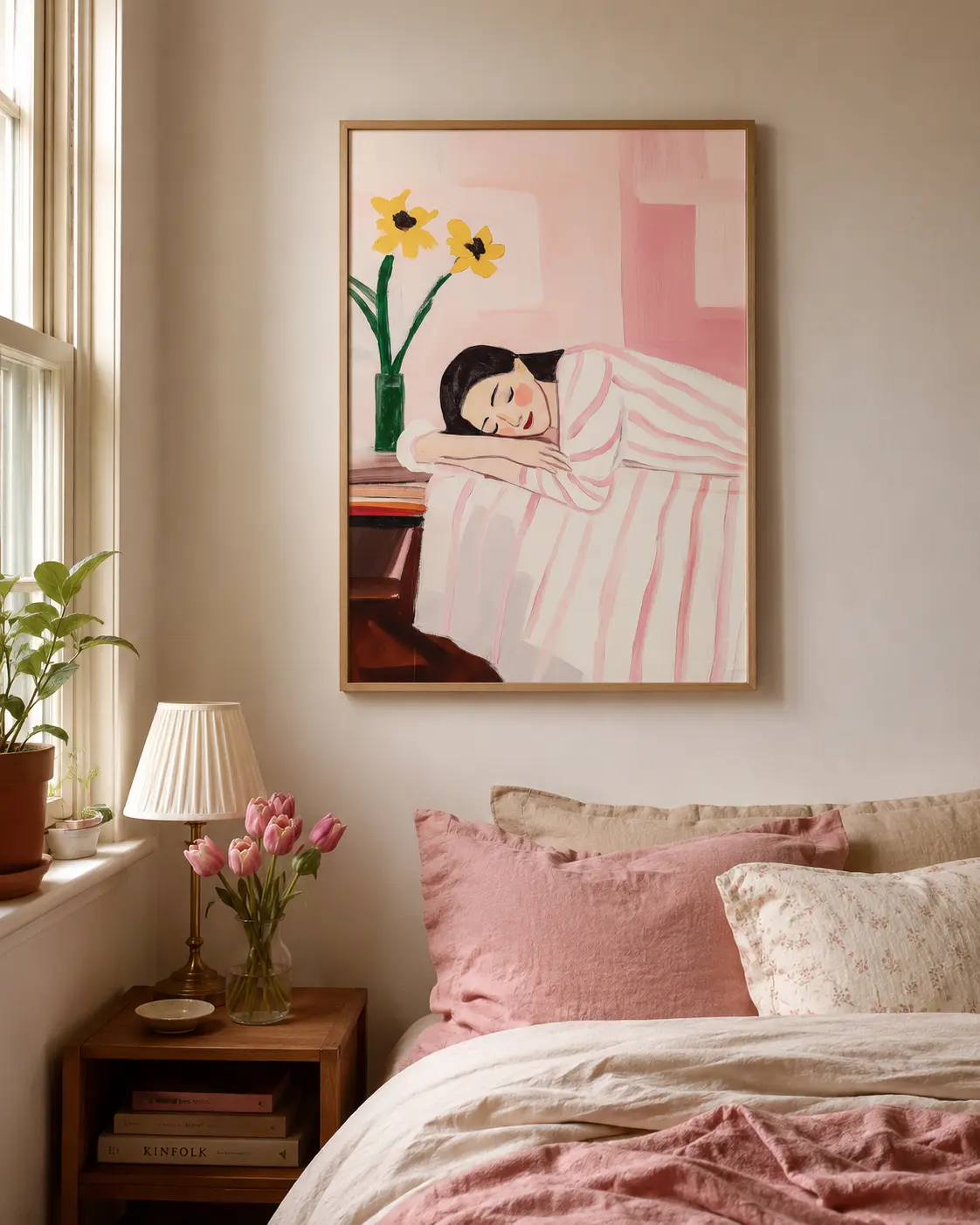 Sovende kvinde kunstplakat ophængt over seng med pink sengetøj