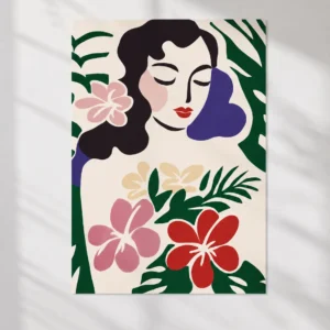 Matisse-inspireret kunstplakat med kvinde omgivet af tropiske hibiscusblomster og palmeblade