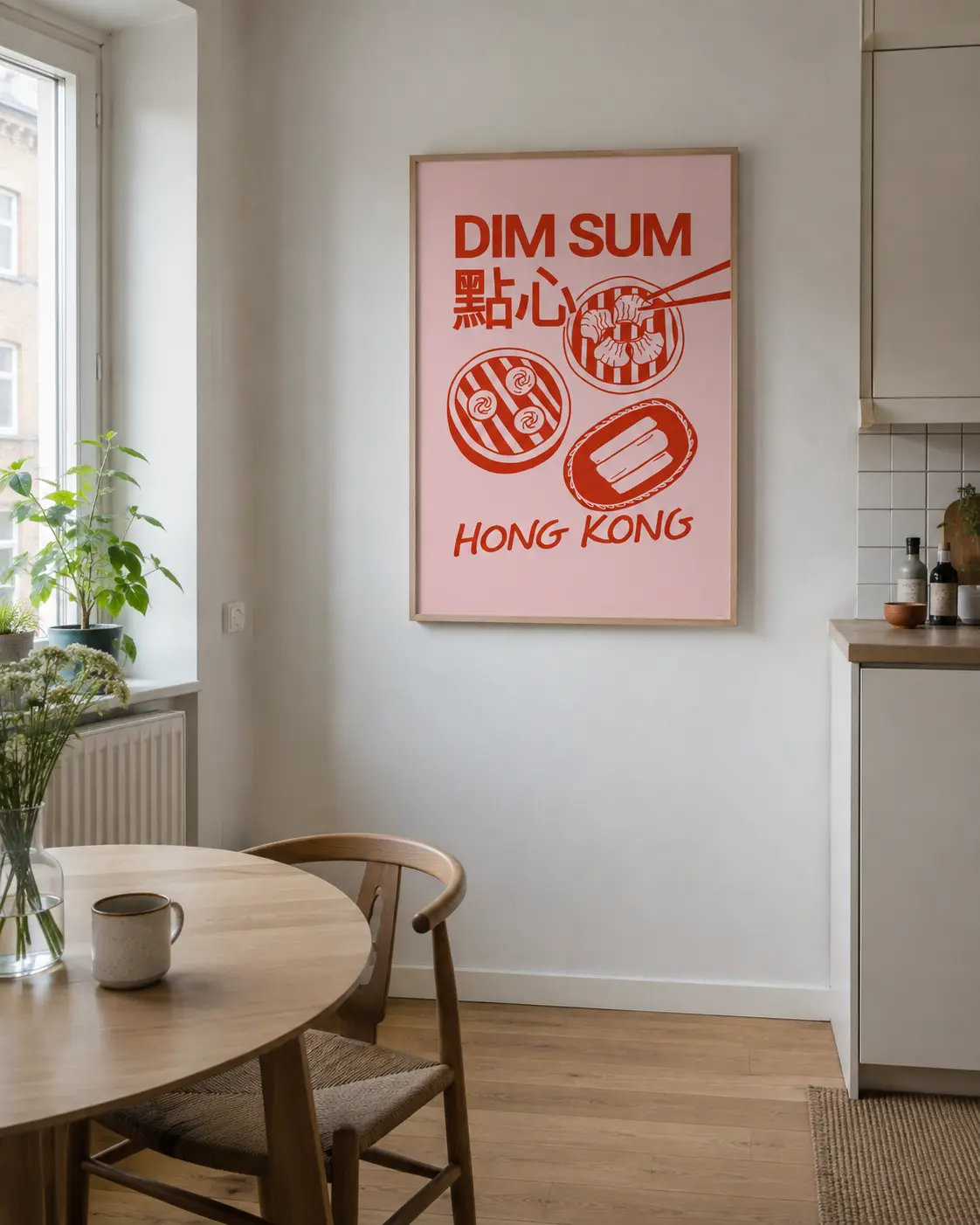 Dim sum plakat i køkken med spisebord og stole