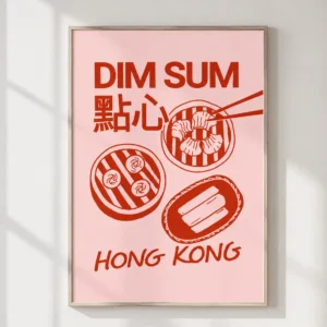 Pink dim sum plakat med røde illustrationer af kinesiske dumplings og Hong Kong tekst