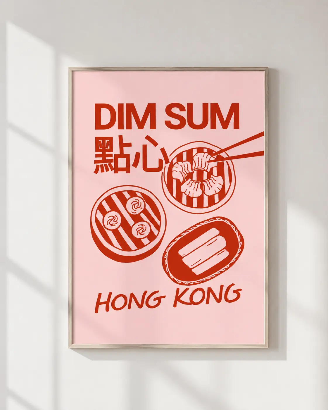 Pink dim sum plakat med røde illustrationer af kinesiske dumplings og Hong Kong tekst