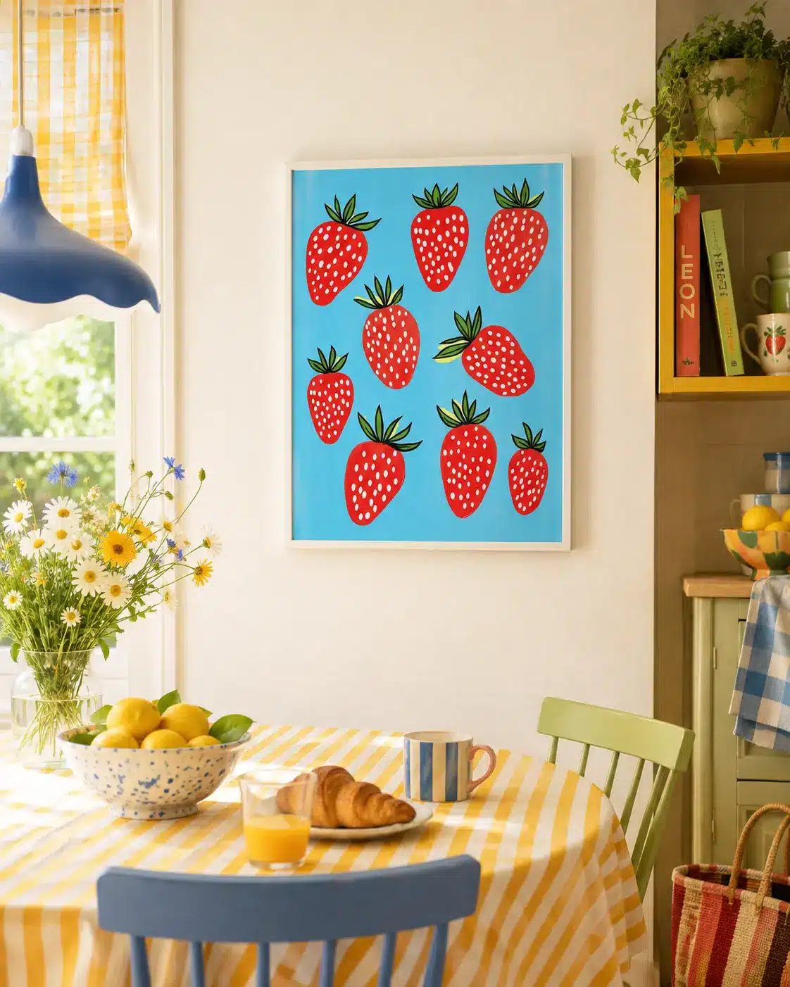 Jordbærplakat i køkken med gule og blå farver og croissanter på bordet