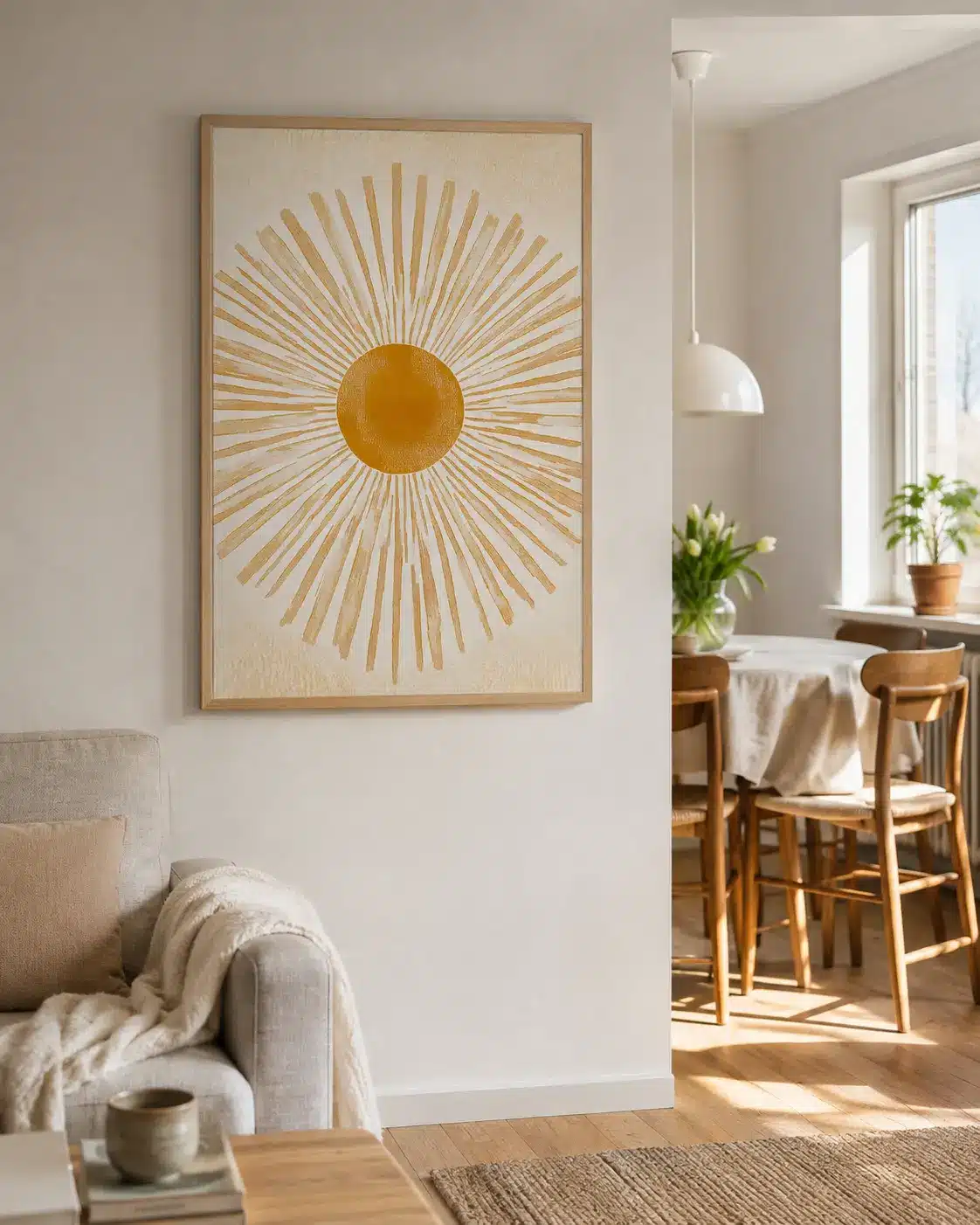 Minimalistisk solplakat i stue med sofa og spisebord i baggrunden
