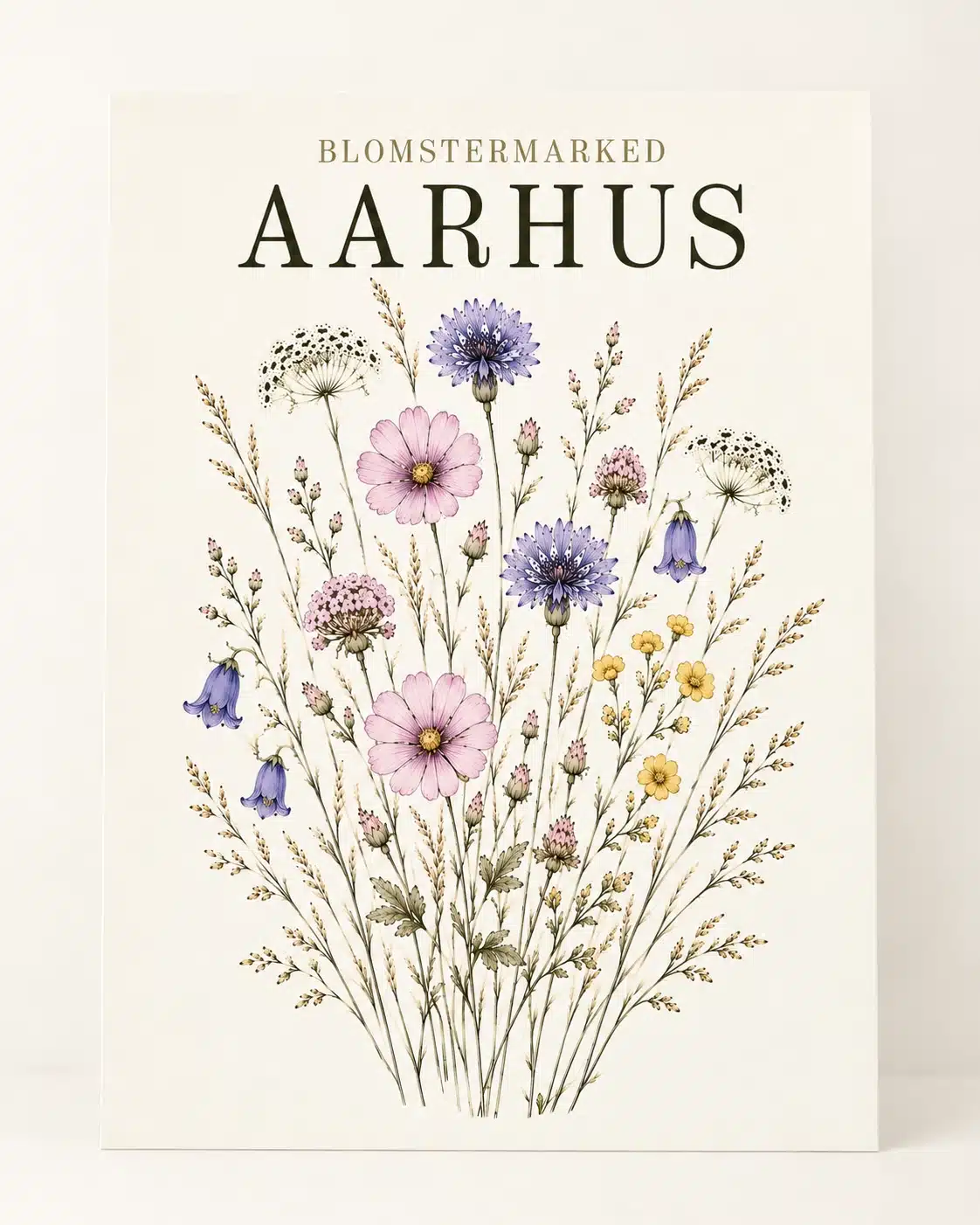 Aarhus blomsterplakat med vilde blomster, fine stængler og teksten Blomstermarked og Aarhus