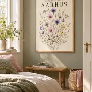 Aarhus blomsterplakat med botaniske blomster, blade og teksten Aarhus