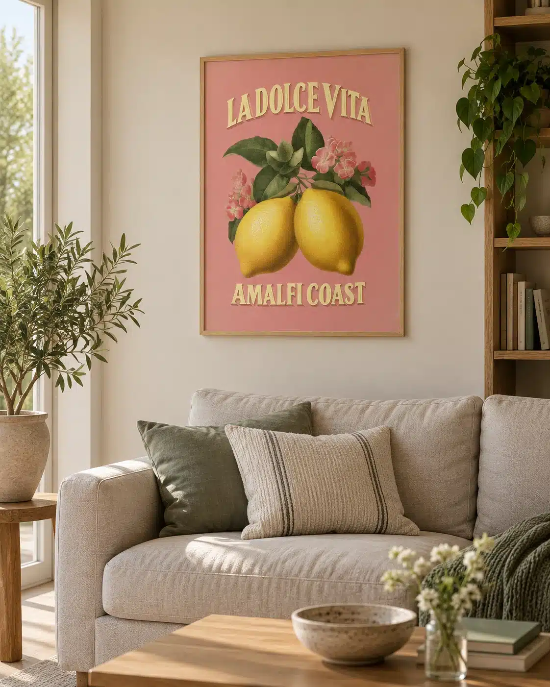 La Dolce Vita Amalfi-plakat med citroner, blomster og italiensk retrotypografi