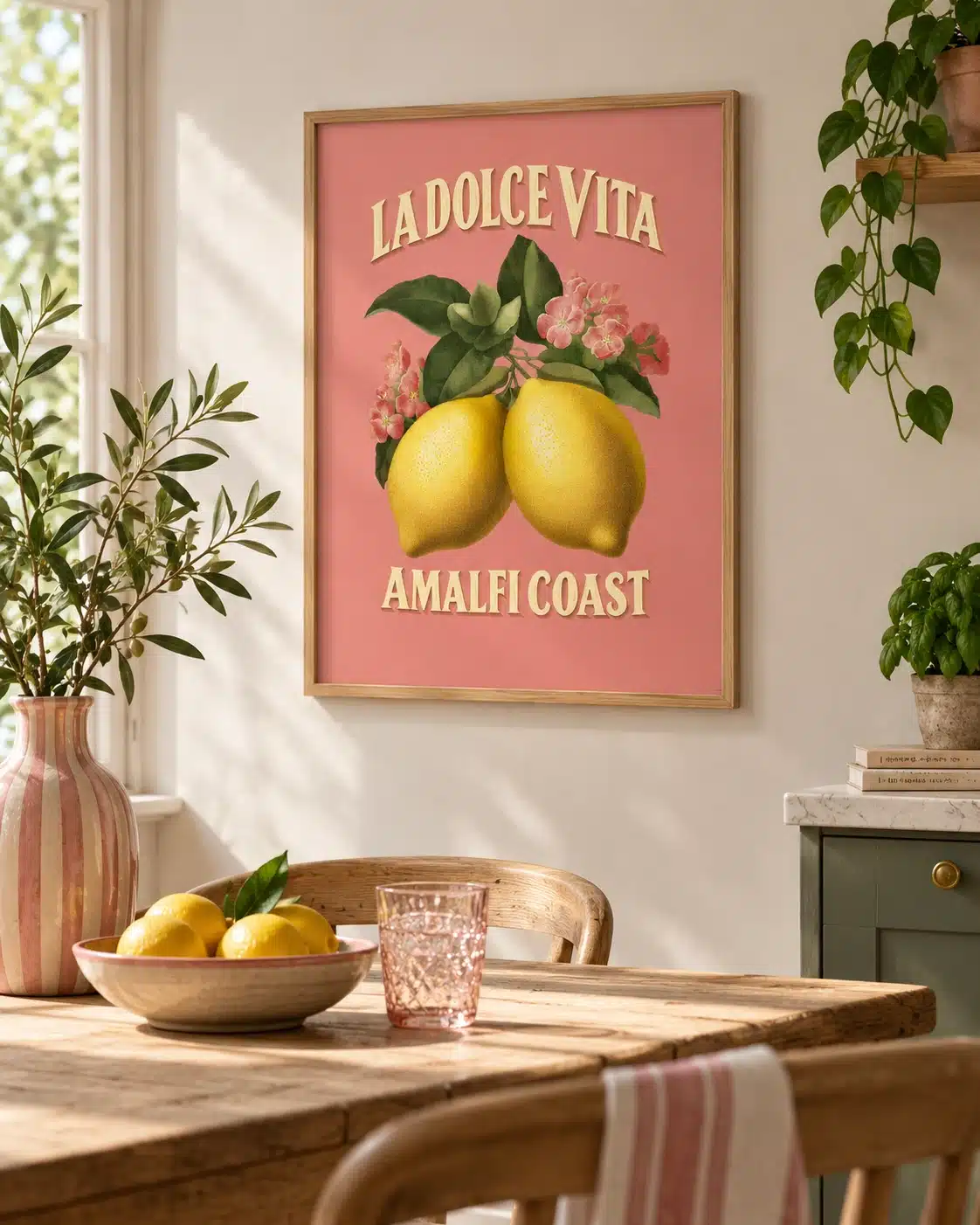 Farverig La Dolce Vita-plakat med citronmotiv og Amalfi Coast-tekst