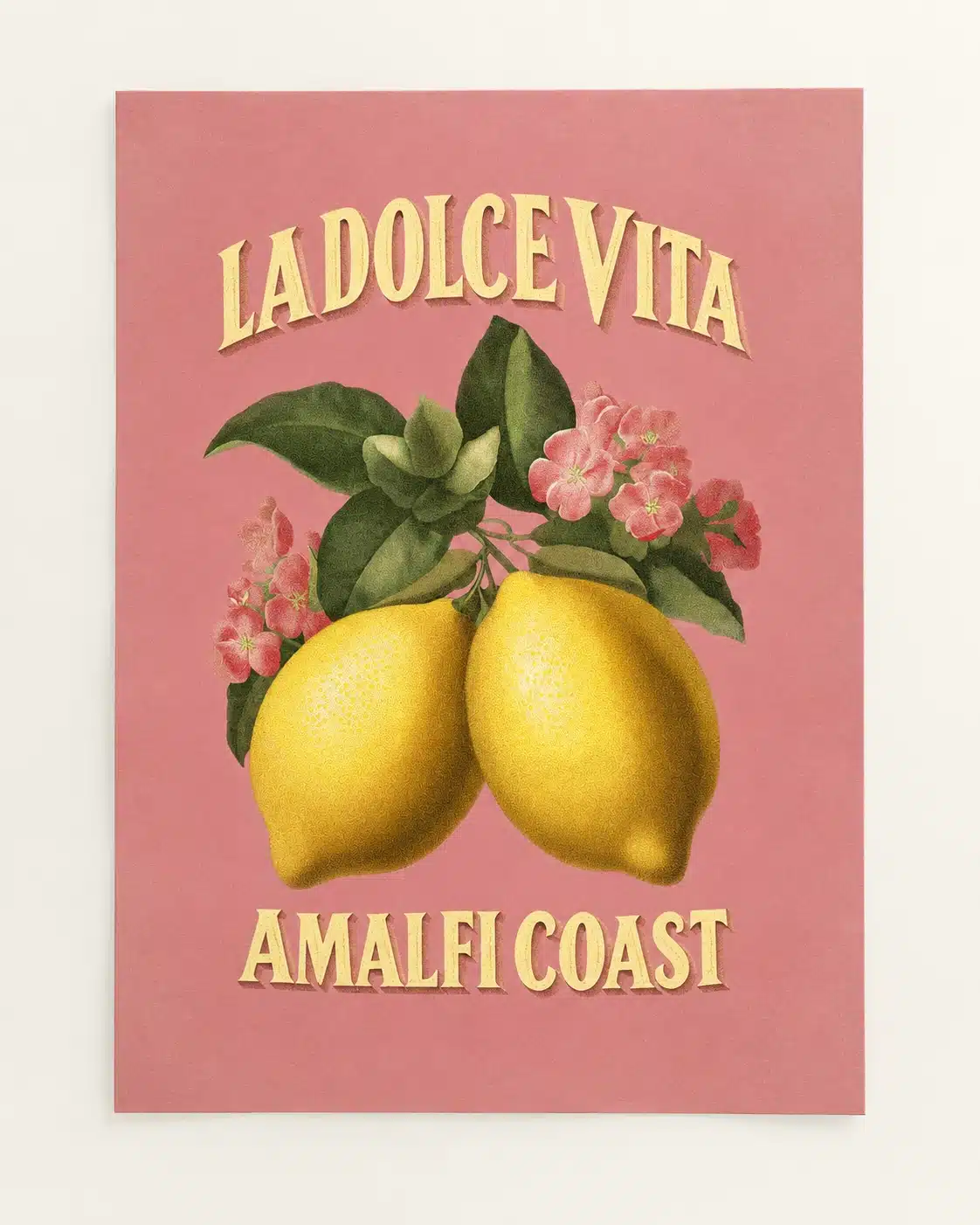 Italiensk Amalfi Coast-plakat med gule citroner på støvet rosa baggrund
