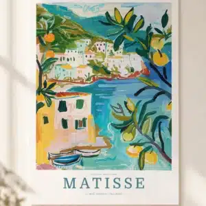 Costiera Amalfitana – Farverig Amalfikyst plakat med Amalfikysten, kystlandskab, klipper