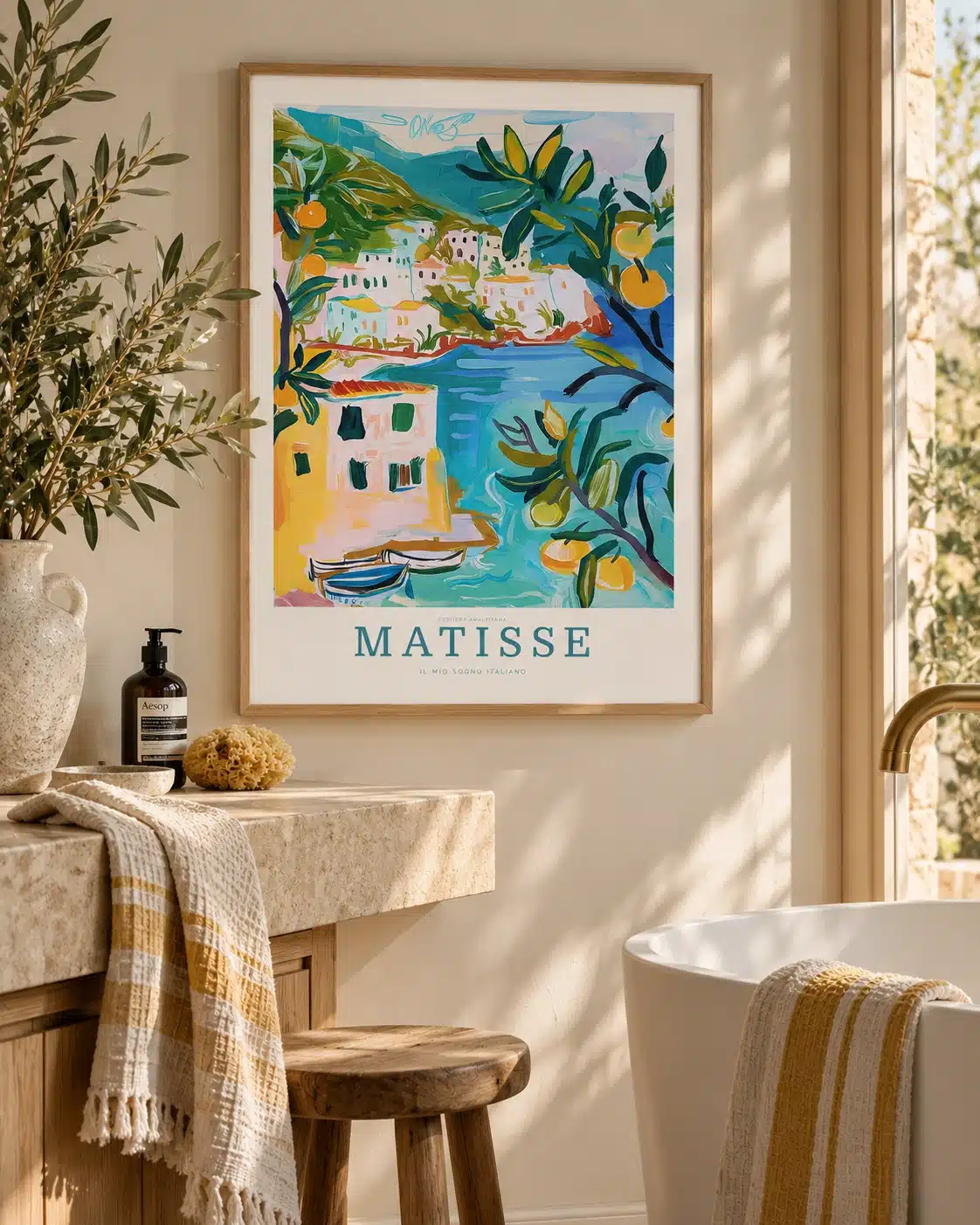 Costiera Amalfitana – Farverig Amalfikyst plakat med Amalfikysten, kystlandskab, klipper