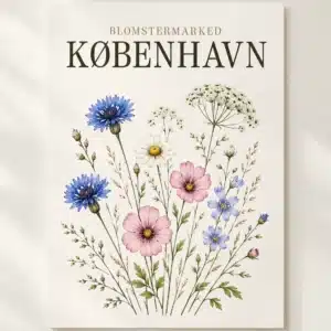 København Blomstermarked plakat med farverige grafiske blomster og typografi