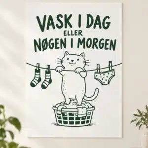 Vasketøjsplakat med grafisk hverdagsmotiv til vaskerum og bryggers