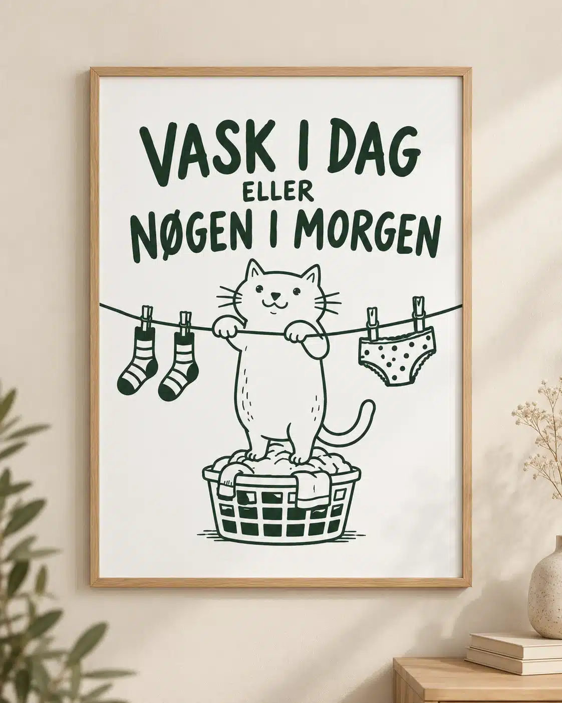 Grafisk vasketøjsplakat præsenteret i enkel ramme