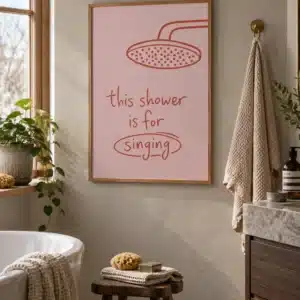 This Shower is for Singing badeværelsesplakat med syngende kvinde i bruser