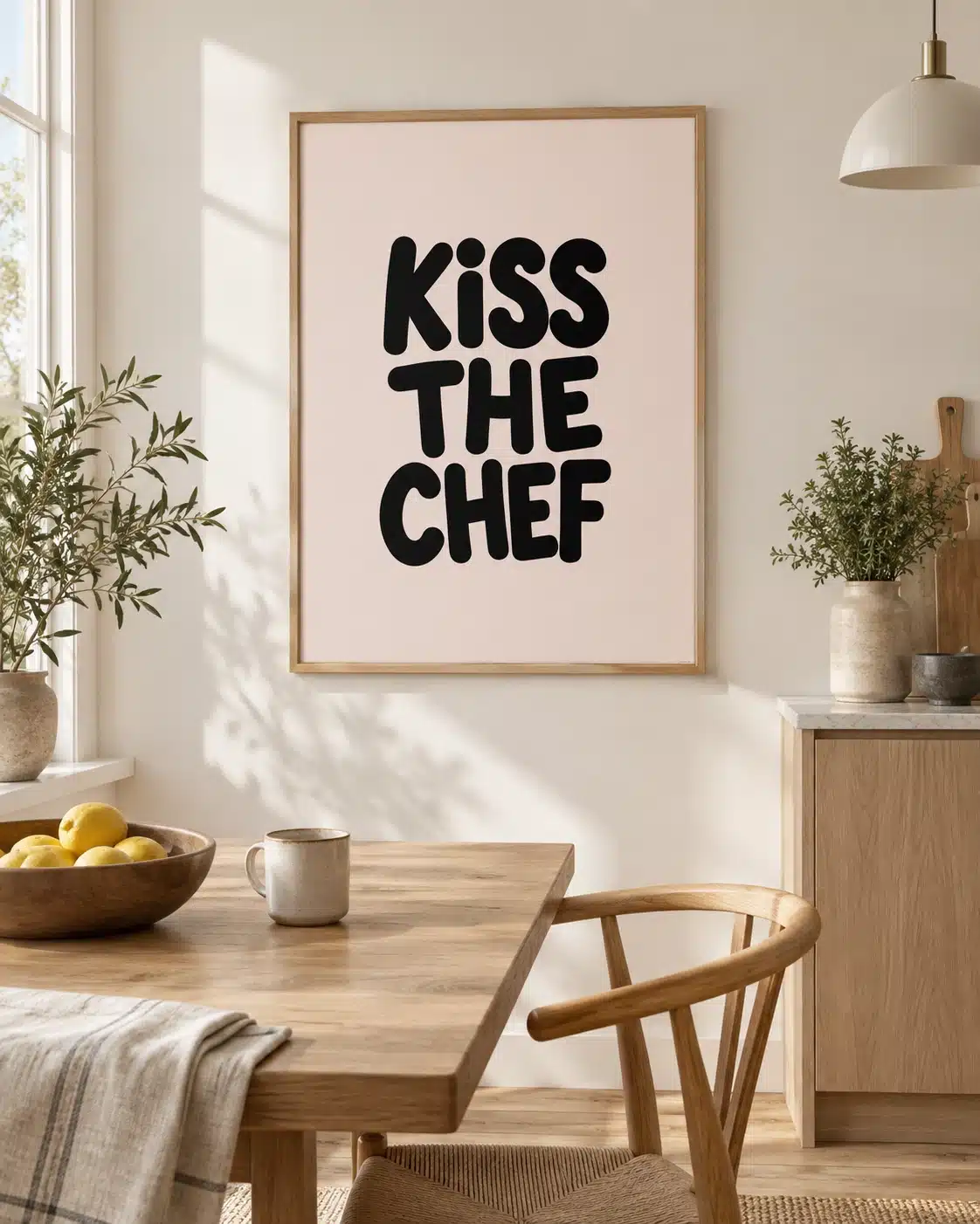 Typografisk Kiss the Chef plakat vist i køkkenmiljø