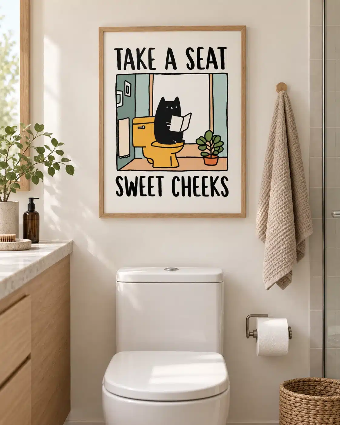 Sjov badeværelsesplakat med kat og teksten Take a Seat