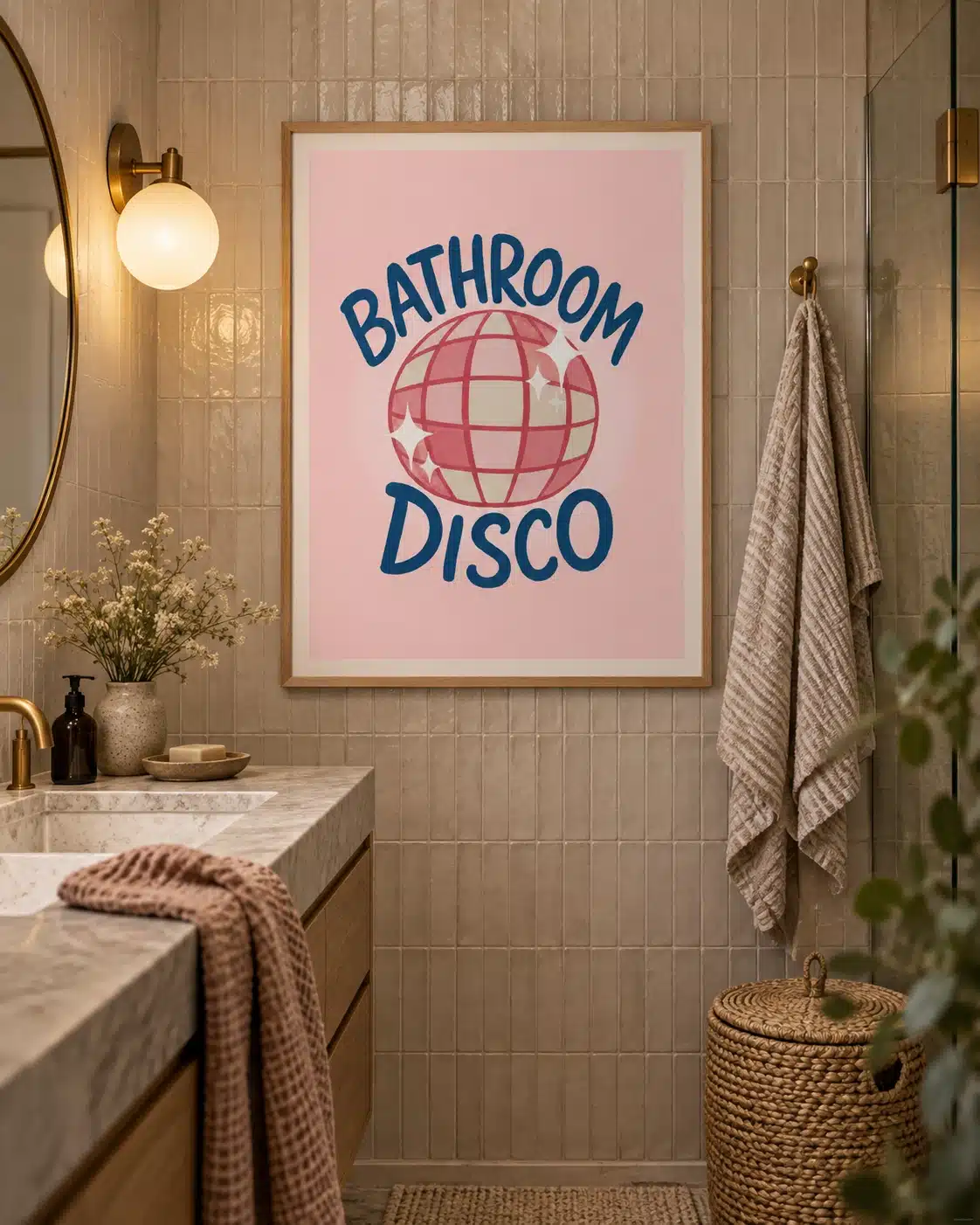 Farverig Bathroom Disco kunstplakat med discokugle
