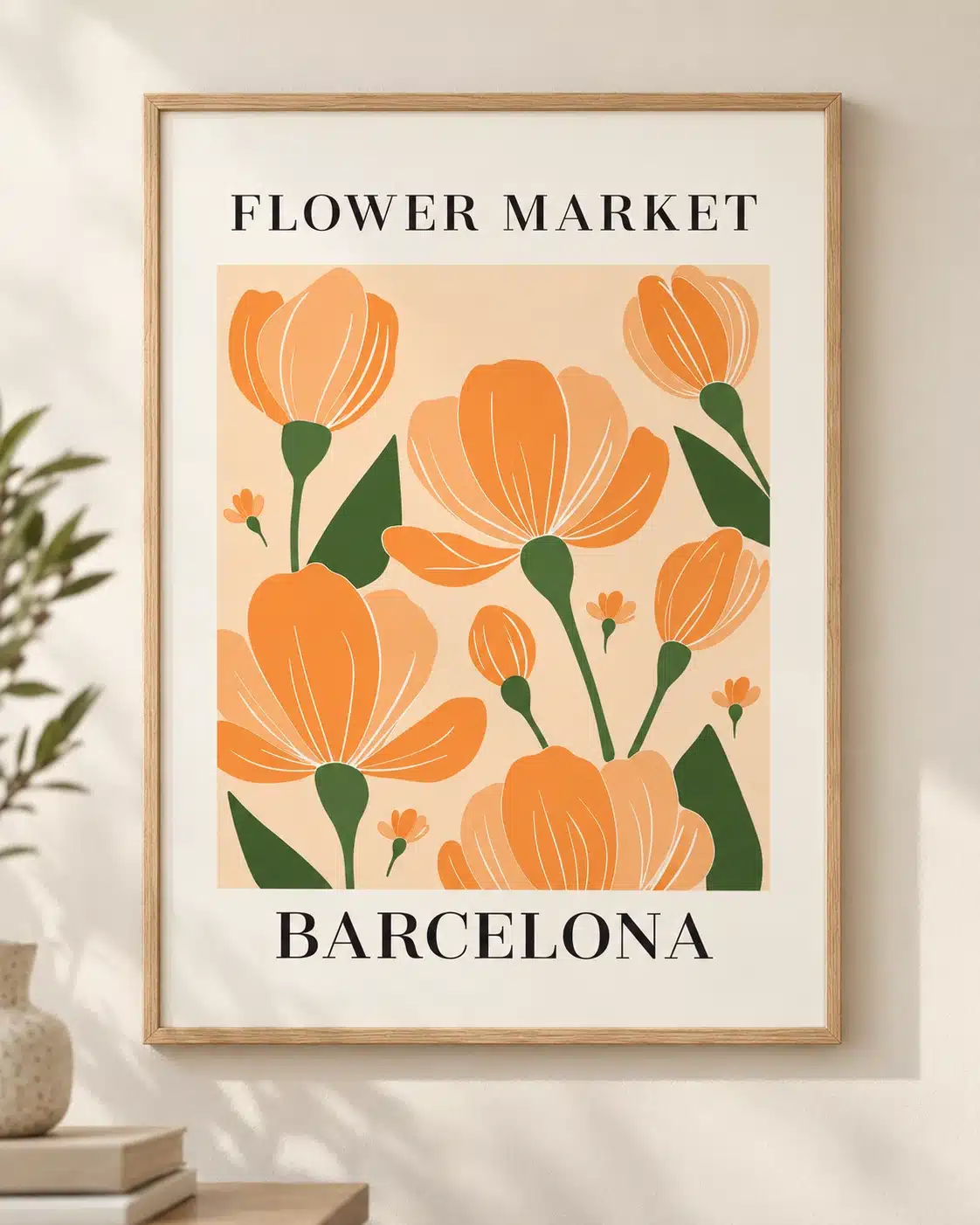 Flower Market Barcelona kunstplakat med blomster og grafisk Barcelona-tekst