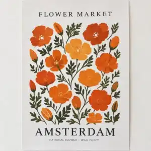 Flower Market Amsterdam blomsterplakat med røde, orange og gule blomster