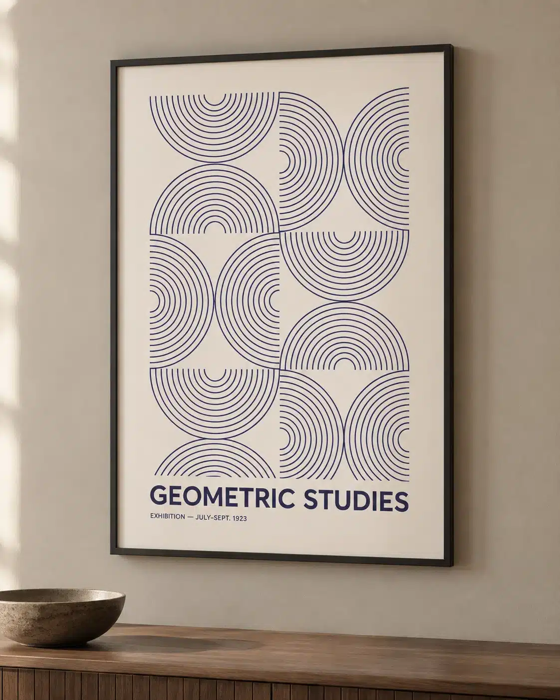 Geometric Studies blå Bauhaus kunstplakat med geometriske former på hvid baggrund