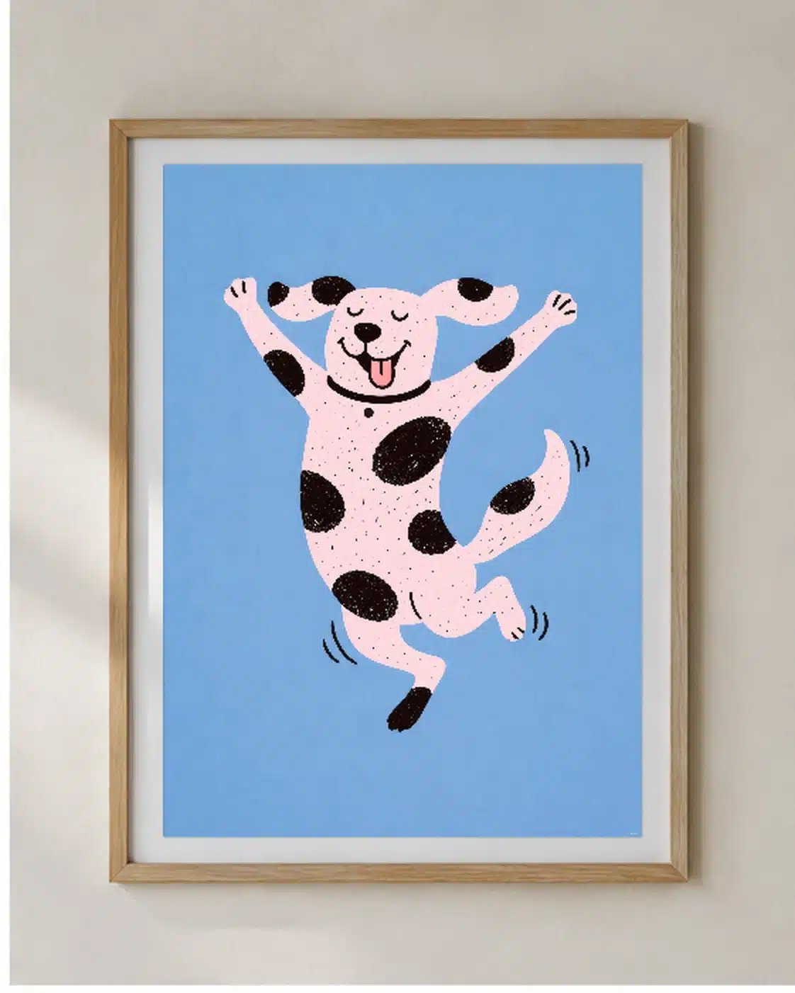 Dansende hund kunstplakat præsenteret i ramme