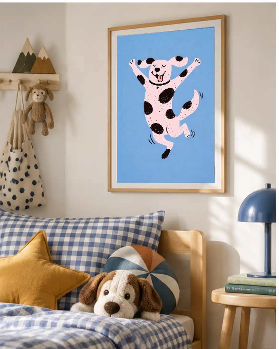 Dansende hund plakat som legende vægkunst i indretning