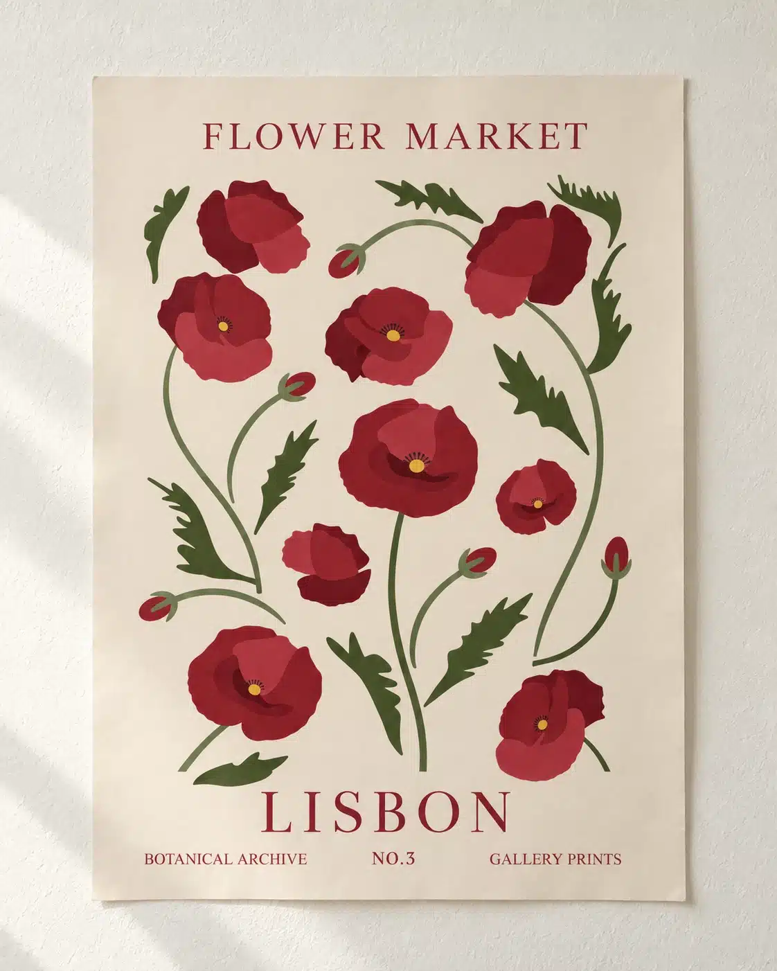 Flower Market Lisbon plakat med røde blomster og grønne blade på cremefarvet baggrund