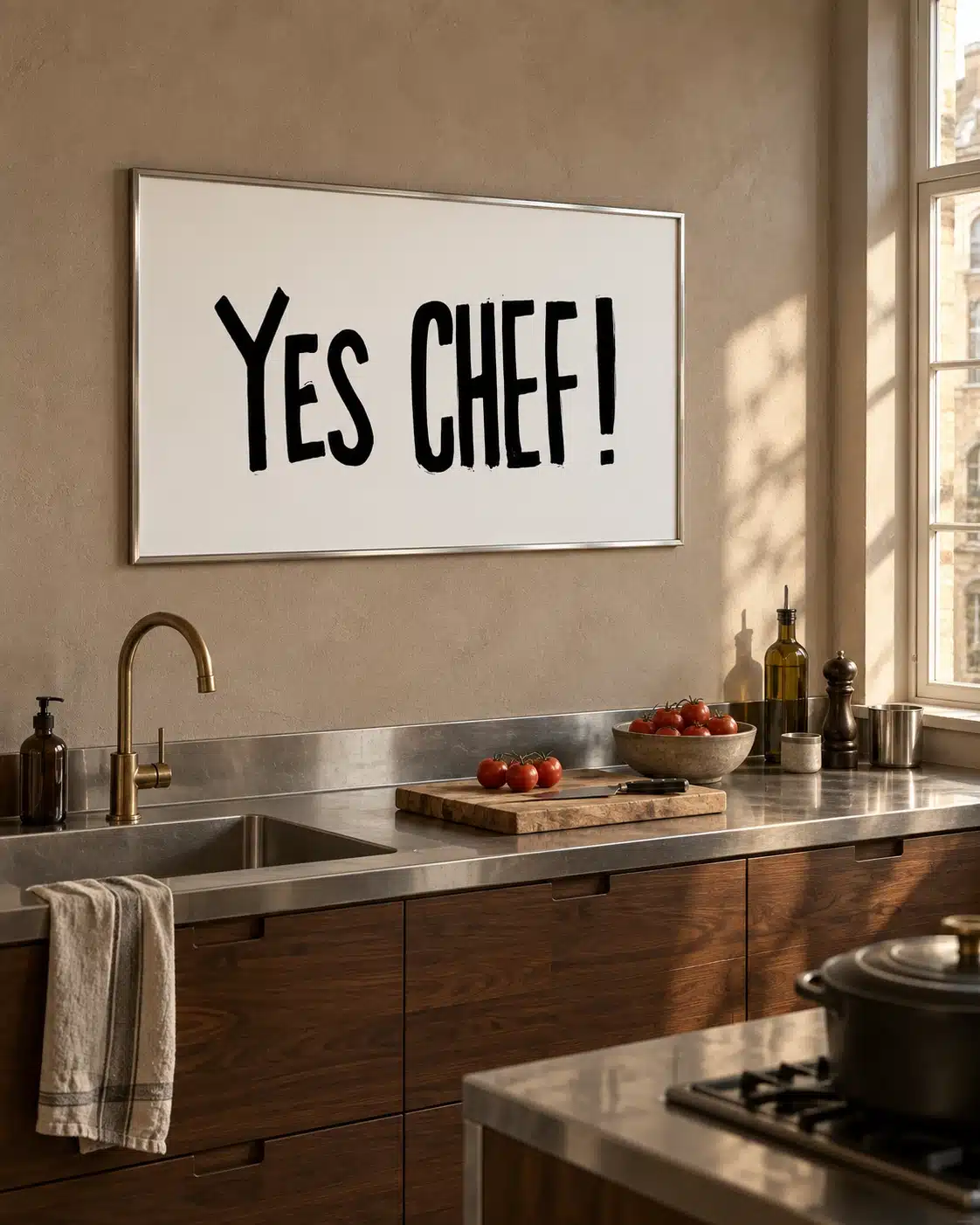 Yes Chef plakat til køkkenet med enkel sort-hvid typografi