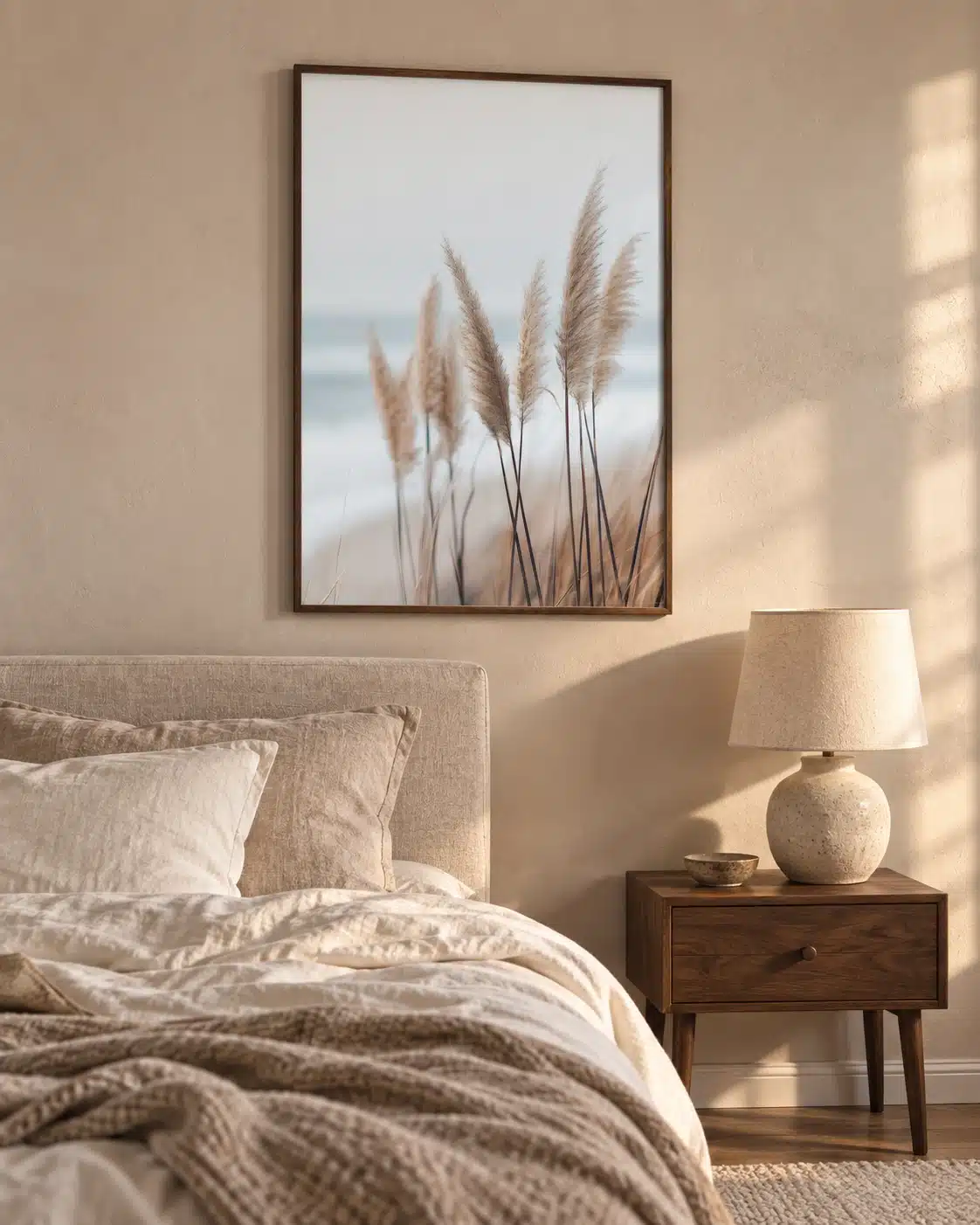 Indrammet plakat med strandgræs ved stranden og udsigt mod havet