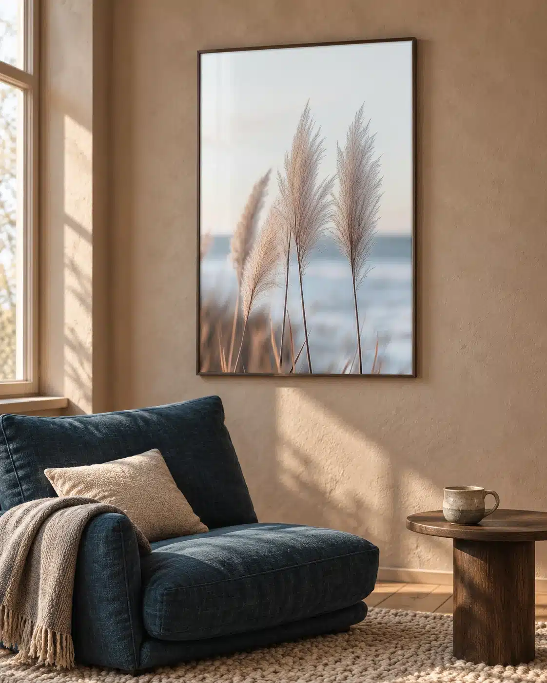Pampas plakat med strand og hav vist i nordisk interiør