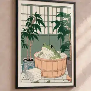 Japansk inspireret plakat med grøn frø i træbadekar med skum og frodige planter