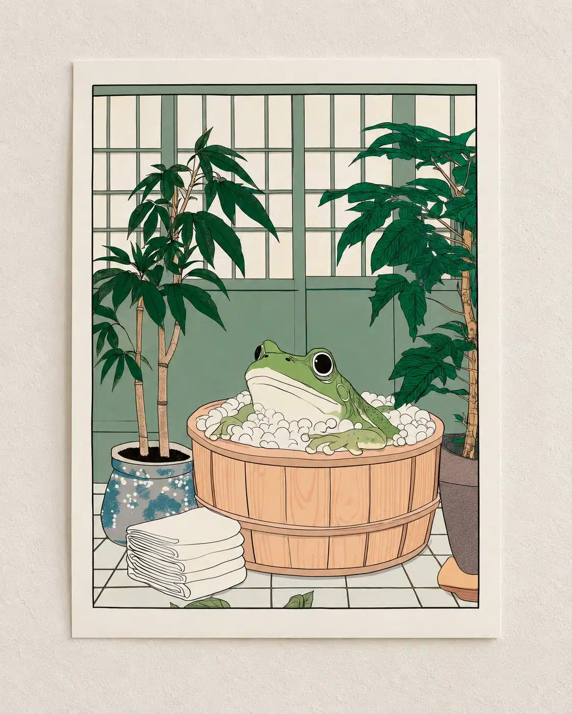 Indrammet kunstplakat med grøn frø i japansk inspireret badekar og grønne planter