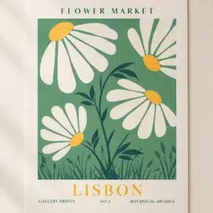 Lisbon Flower Market plakat med grafiske margueritter i grøn, creme og gul