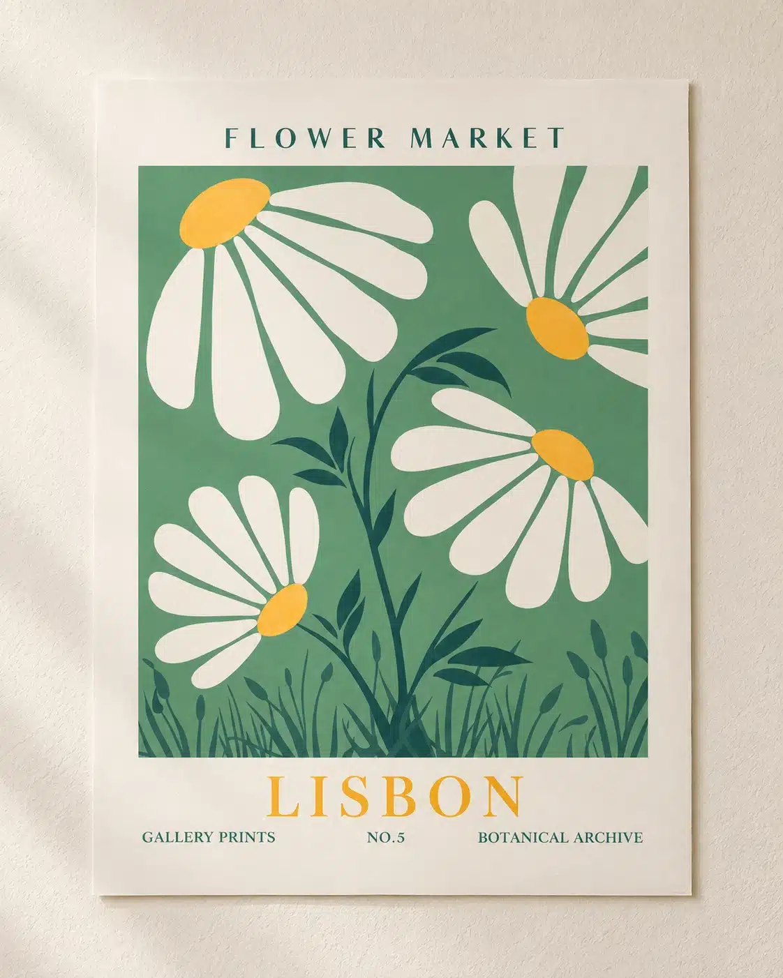Lisbon Flower Market plakat med grafiske margueritter i grøn, creme og gul