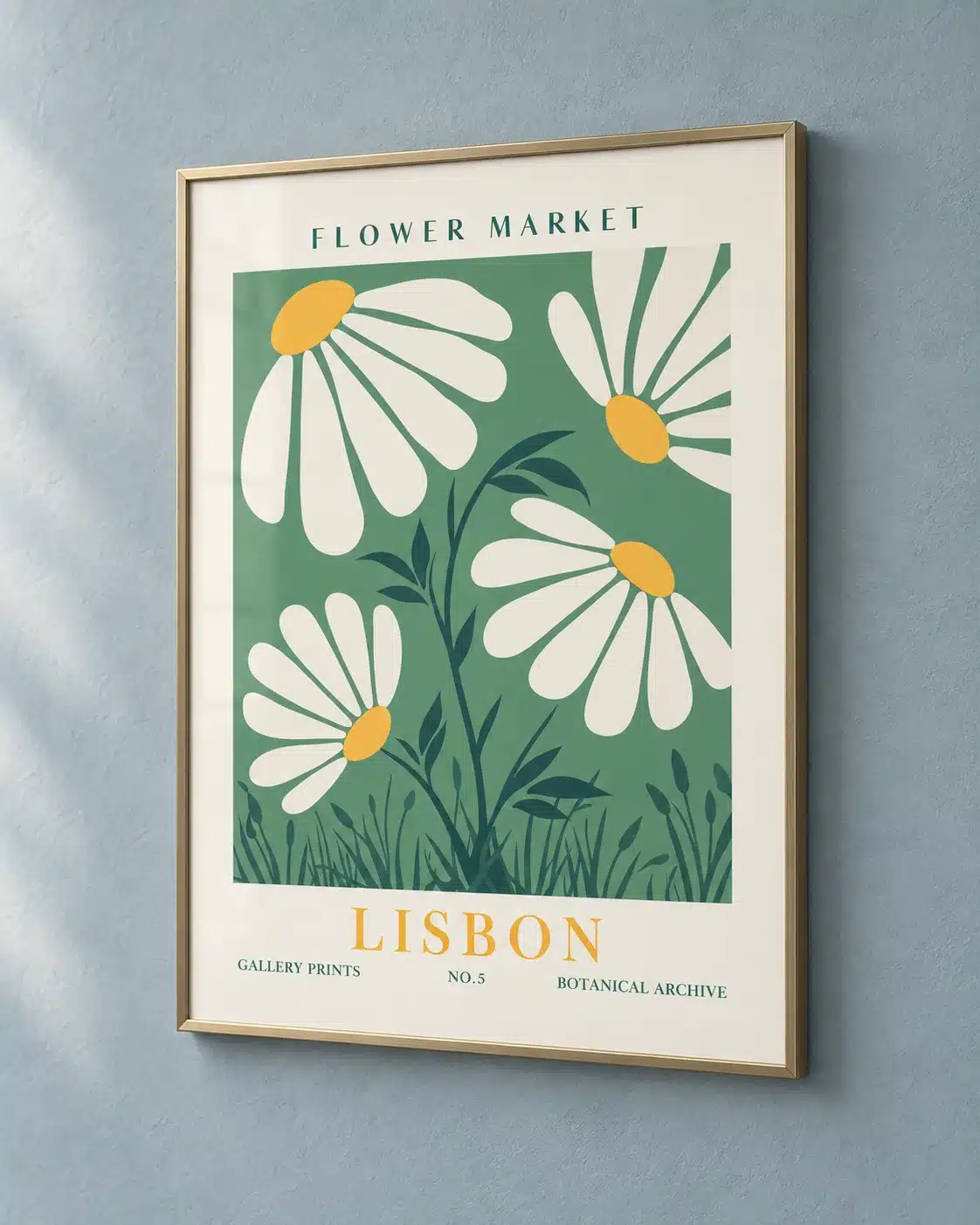 Botanisk Lisbon-plakat med margueritter, grønne blade og Flower Market-tekst