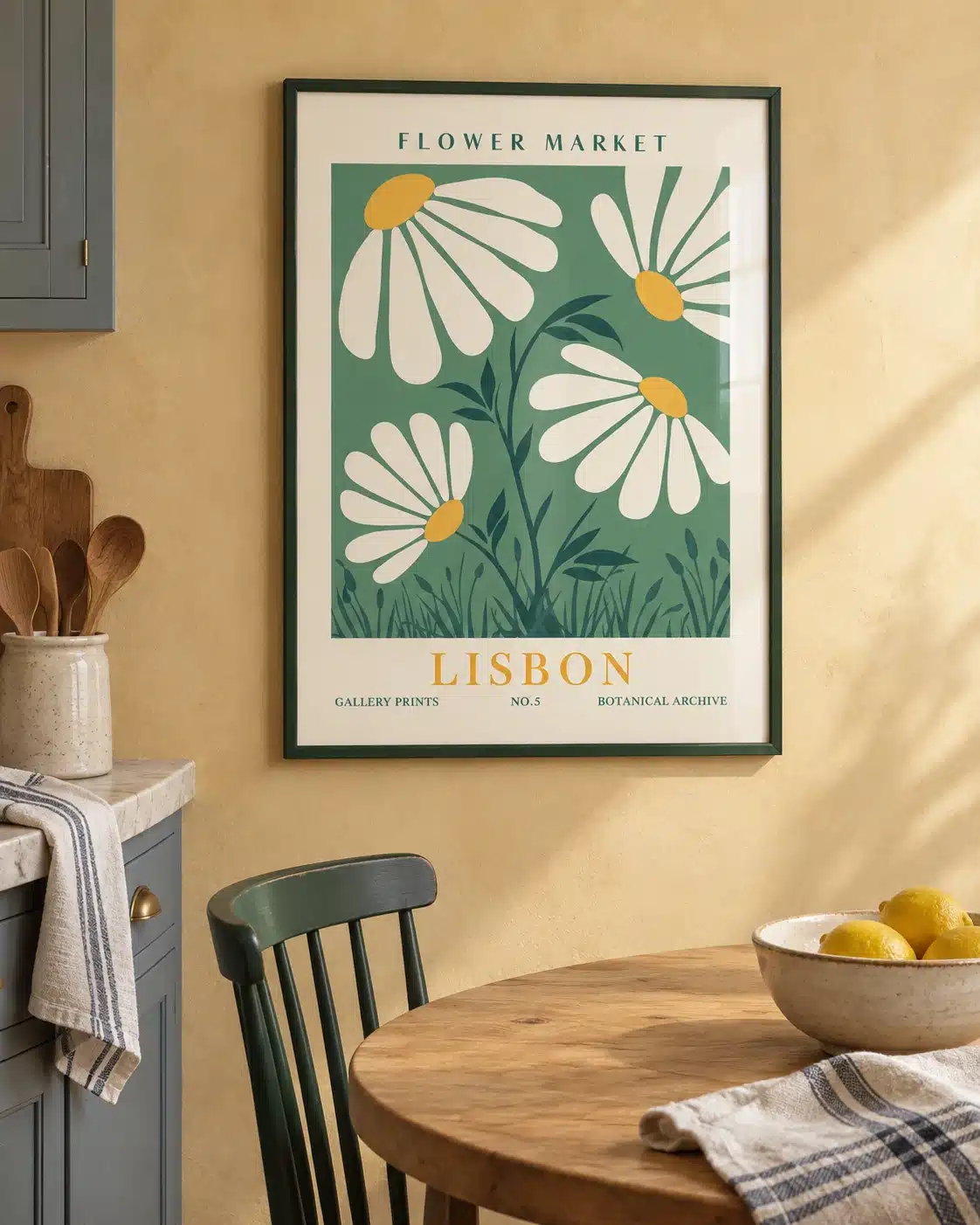 Lisbon Flower Market kunstplakat med store hvide margueritter og grøn baggrund