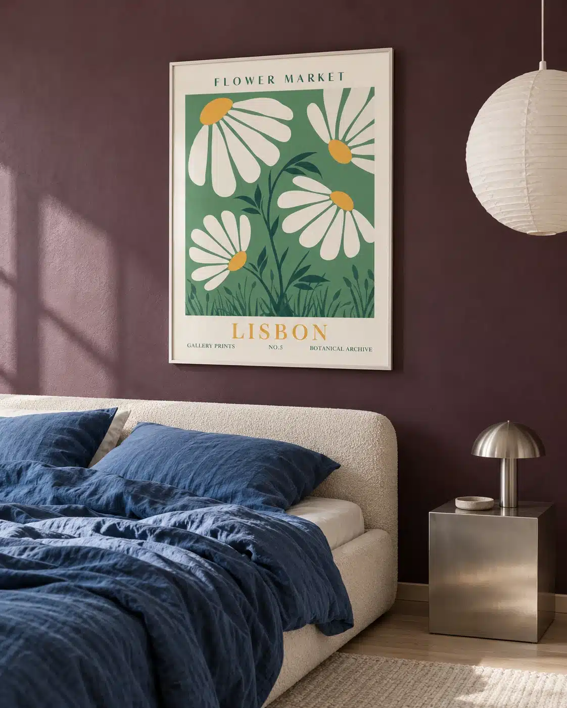 Grøn blomsterplakat med margueritter og teksten Lisbon Flower Market