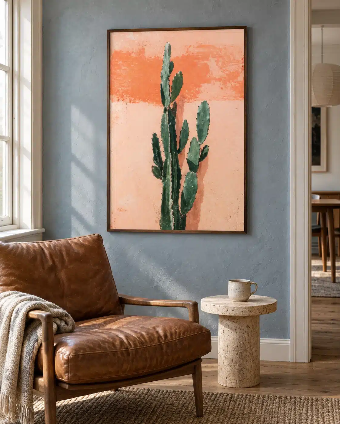 Sienna Cactus botanisk plakat med stiliseret kaktus vist i ramme