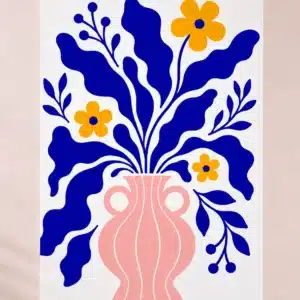 Kunstplakat med pink vase og blå blade med gule blomster i Matisse-stil