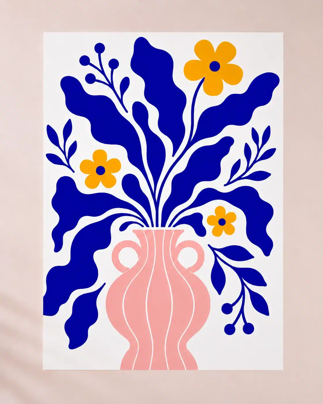 Kunstplakat med pink vase og blå blade med gule blomster i Matisse-stil