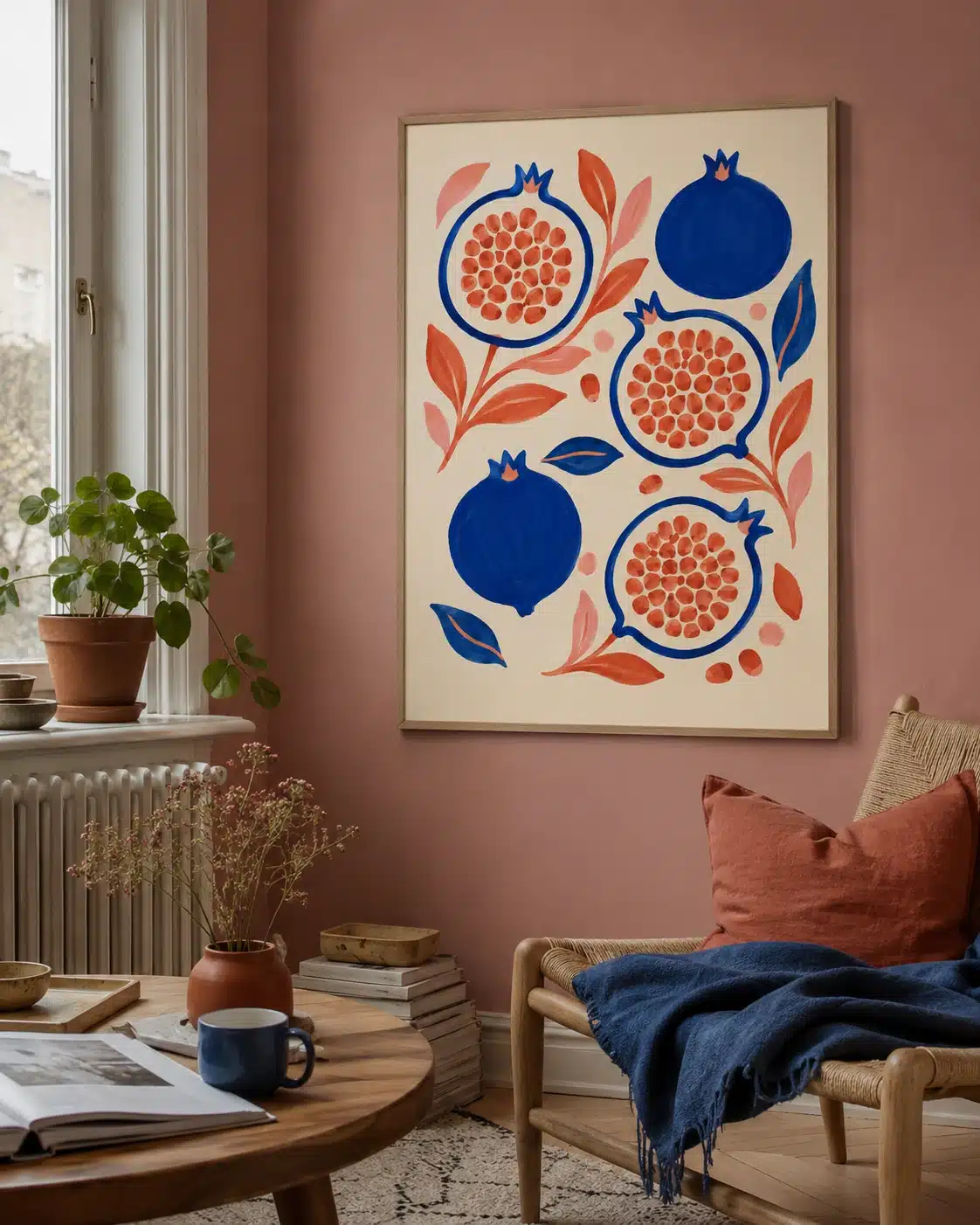Granatæble plakat i stue med rosa vægge og blå plaid