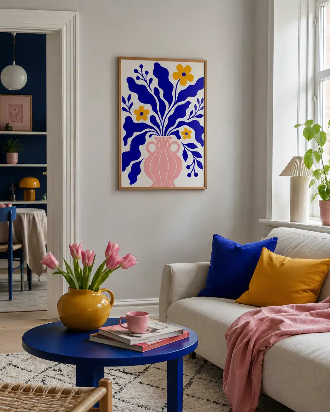 Matisse-inspireret blomsterplakat i hyggeligt stue-miljø med farvematchende puder