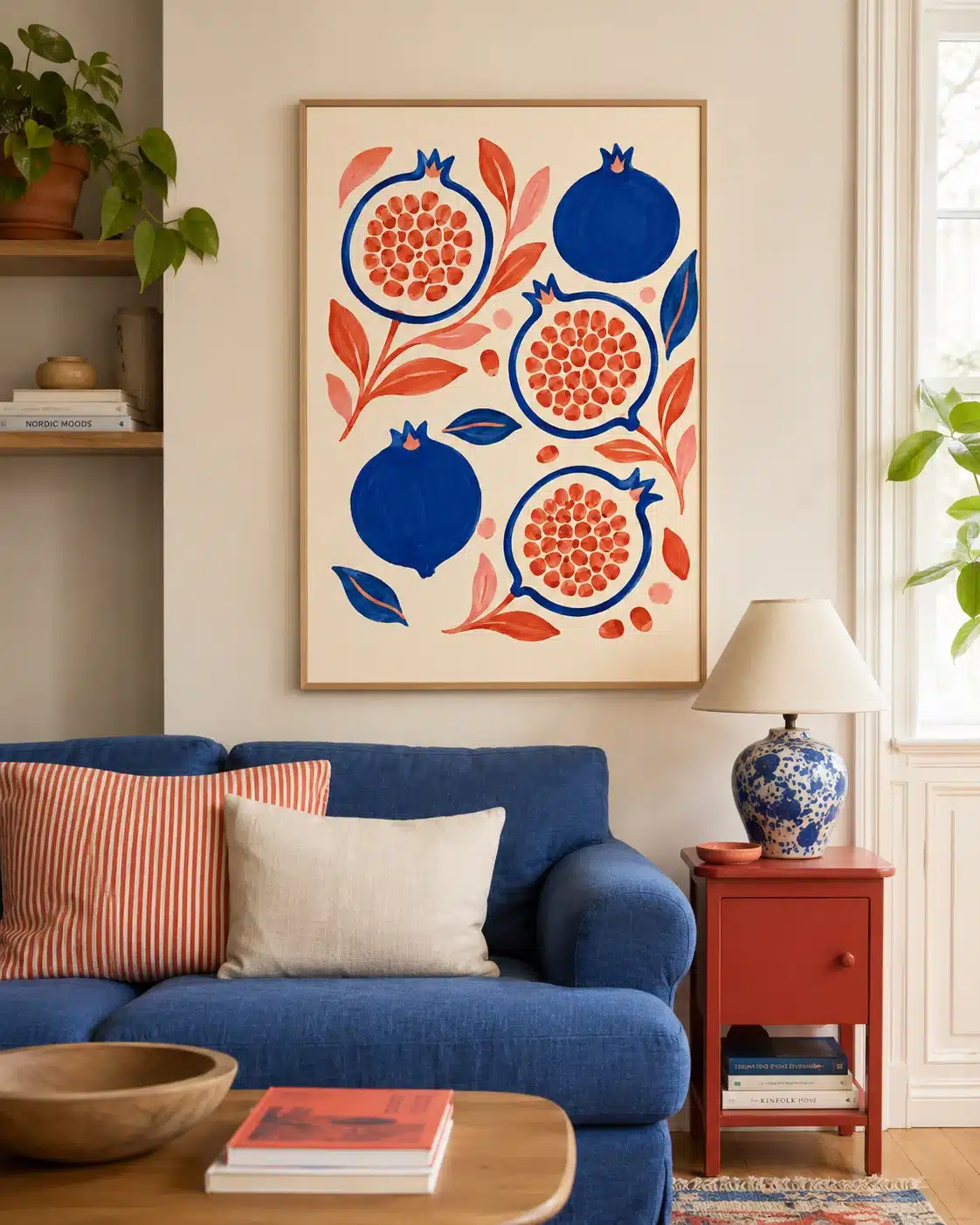 Granatæble plakat over blå sofa med koralfarvede puder