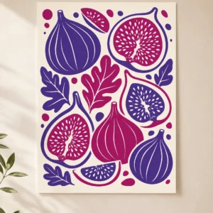 Botanisk kunstplakat med figner i lilla og magenta farver på cremehvid baggrund