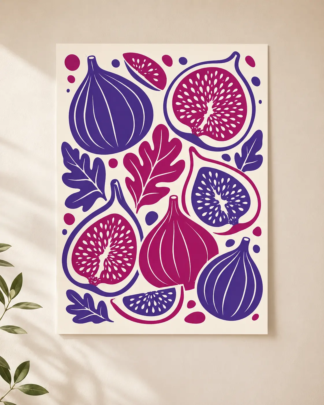 Botanisk kunstplakat med figner i lilla og magenta farver på cremehvid baggrund