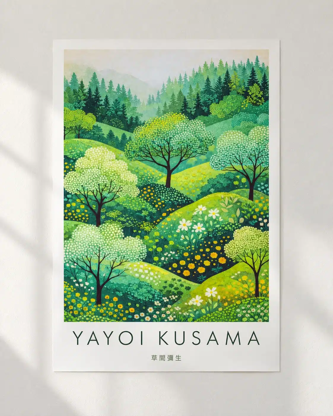 Yayoi Kusama plakat med grønne bakker og hvide blomster i sollys