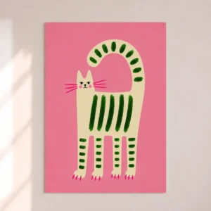 Grønstribet kat illustration på lyserød baggrund - sjov børneplakat
