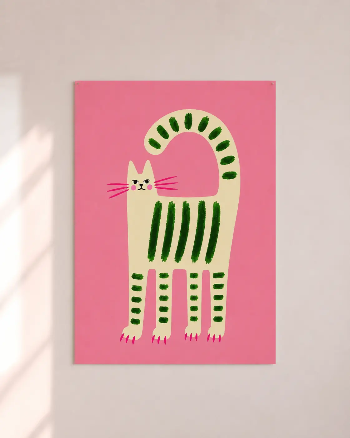 Grønstribet kat illustration på lyserød baggrund - sjov børneplakat