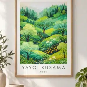 Yayoi Kusama inspireret kunstplakat med grønne bølgende bakker, prikkede træer og blomster